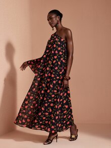 JIAN LASALA Gaun Panjang Chiffon Satu Bahu Lengan Ganda Berlapis untuk Liburan Kasual dan Elegan - MultiWarna - View 4