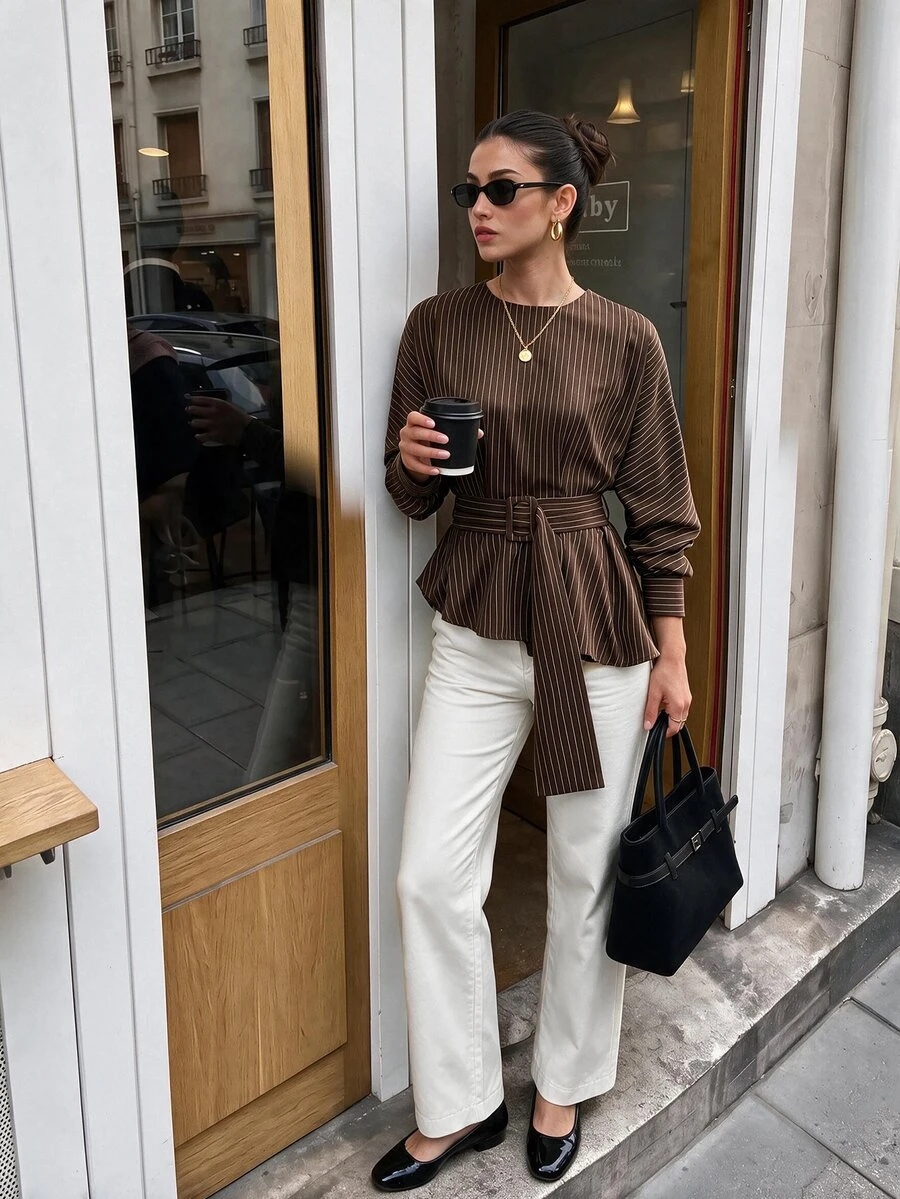 Lavishia Brown Striped Tie Waist Asymmetrical Hem Blouse Teachers' Day Office Autumn Business Casual Elegant - Coffee Brown - View 1