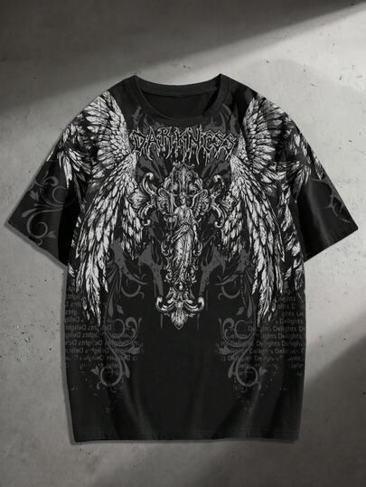Street Life Camiseta casual versátil de manga corta con cuello redondo y estampado de ángel para hombre de talla grande