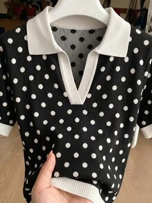 SHEIN PariChic 女款春夏對比色簡約日常 Polo 領短袖休閒修身針織上衣，度假優雅百搭翻領短袖針織上衣，適合外出與職場穿搭 - 彩色 - 查看 6