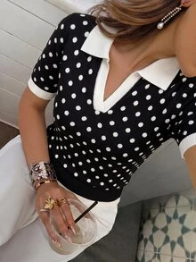 SHEIN PariChic 女款春夏對比色簡約日常 Polo 領短袖休閒修身針織上衣，度假優雅百搭翻領短袖針織上衣，適合外出與職場穿搭 - 彩色 - 查看 5