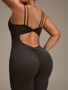 SHEIN Unity Plus Size Women Solid Color Back Twist Cutout Design Sleeveless Sports Flare Leg Jumpsuit Gym Pilates Brown Summer - Brown - View 3