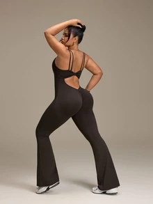SHEIN Unity Plus Size Women Solid Color Back Twist Cutout Design Sleeveless Sports Flare Leg Jumpsuit Gym Pilates Brown Summer - Brown - View 2