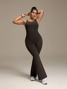 SHEIN Unity Plus Size Women Solid Color Back Twist Cutout Design Sleeveless Sports Flare Leg Jumpsuit Gym Pilates Brown Summer - Brown - View 6