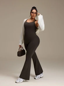 SHEIN Unity Plus Size Women Solid Color Back Twist Cutout Design Sleeveless Sports Flare Leg Jumpsuit Gym Pilates Brown Summer - Brown - View 7