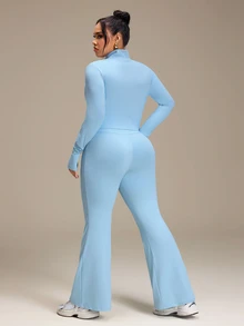 SHEIN Rhythm Era Casual Versatile Blue V-Neck Cinched Waist Top & Flared Leg Slimming Pants 2 Pieces Set Fall - Blue - View 2