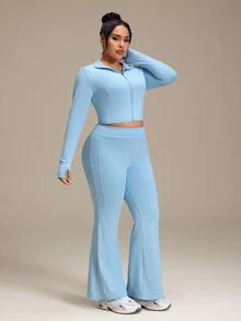 SHEIN Rhythm Era Casual Versatile Blue V-Neck Cinched Waist Top & Flared Leg Slimming Pants 2 Pieces Set Fall - Blue - View 4