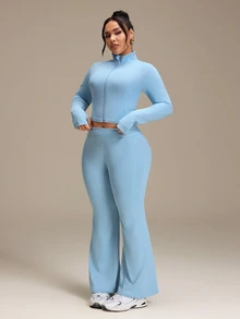 SHEIN Rhythm Era Casual Versatile Blue V-Neck Cinched Waist Top & Flared Leg Slimming Pants 2 Pieces Set Fall - Blue - View 6