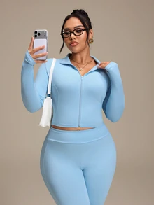 SHEIN Rhythm Era Casual Versatile Blue V-Neck Cinched Waist Top & Flared Leg Slimming Pants 2 Pieces Set Fall - Blue - View 3