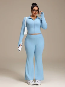 SHEIN Rhythm Era Casual Versatile Blue V-Neck Cinched Waist Top & Flared Leg Slimming Pants 2 Pieces Set Fall - Blue - View 7