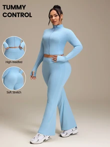 SHEIN Rhythm Era Casual Versatile Blue V-Neck Cinched Waist Top & Flared Leg Slimming Pants 2 Pieces Set Fall - Blue - View 1