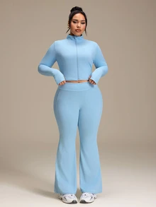 SHEIN Rhythm Era Casual Versatile Blue V-Neck Cinched Waist Top & Flared Leg Slimming Pants 2 Pieces Set Fall - Blue - View 5