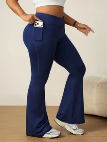 SHEIN Unity Plus Size Women's Solid Color High Waist Pocket Casual Daily Travel Sports Flare Leggings - Navy Blue - View 8