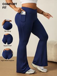 SHEIN Unity Plus Size Women's Solid Color High Waist Pocket Casual Daily Travel Sports Flare Leggings - Navy Blue - View 1