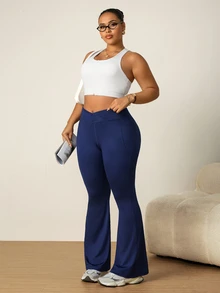 SHEIN Unity Plus Size Women's Solid Color High Waist Pocket Casual Daily Travel Sports Flare Leggings - Navy Blue - View 6