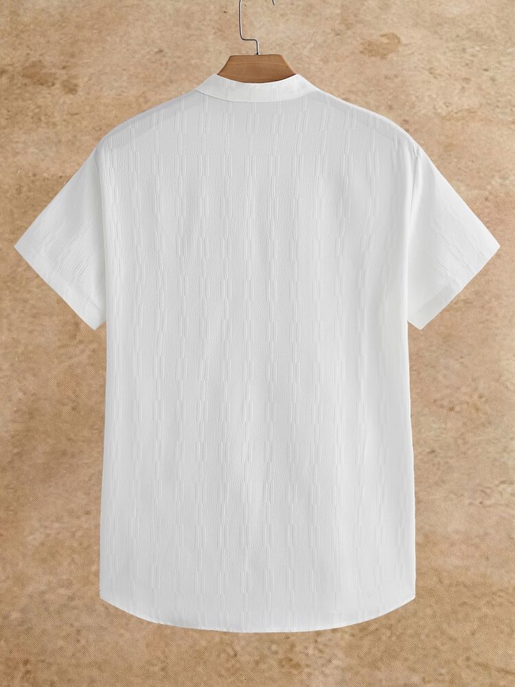 HIMLAND Men's Solid White Short-Sleeve Shirt Featuring A Mandarin Collar, Patch-Front Closure, And A Relaxed Fit; Crafted From Textured Striped Fabric, This - White - View 2