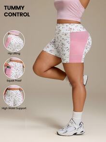 SHEIN Rhythm Era 高腰緊身花卉對比色3D提臀瑜伽褲 健身運動 白色 夏季 - 彩色 - 查看 1