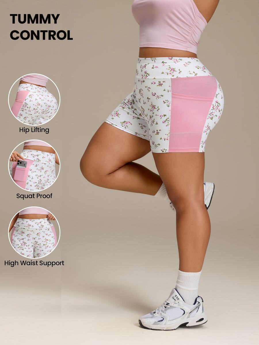 SHEIN Rhythm Era 高腰緊身花卉對比色3D提臀瑜伽褲 健身運動 白色 夏季 - 彩色 - 查看 1