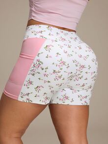 SHEIN Rhythm Era 高腰緊身花卉對比色3D提臀瑜伽褲 健身運動 白色 夏季 - 彩色 - 查看 2