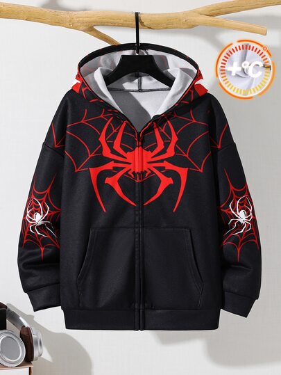 SHEIN Kids Tween Boys Casual Sports Spider Pattern Black Sweatshirt, Basic Top, Halloween Sweatshirt, Christmas, Suitable For Fall/Winter, School, Family Gathering, Vacation, Party, FallOutfit, WinterOutfit
