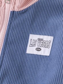 SHEIN Elladie kids 少女夾克外套，Y2K風格，長袖上衣，秋季新款，假日穿搭，校園風，燈芯絨對比縫線夾克 - 彩色 - 查看 6