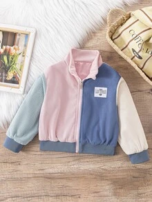 SHEIN Elladie kids 少女夾克外套，Y2K風格，長袖上衣，秋季新款，假日穿搭，校園風，燈芯絨對比縫線夾克 - 彩色 - 查看 5