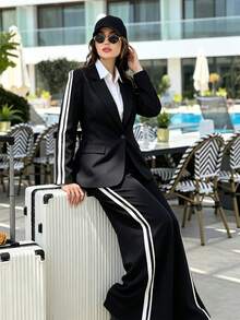 SHEIN Elegant Women's White Contrast Trim Blazer Suit Set, Delicate Old Money Style For Commute And Daily Wear - Black - View 6