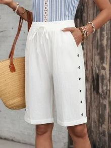 EMERY ROSE Women's Solid Color Casual Shorts For Vacation Vacation White Summer Women's Shorts - White - View 7