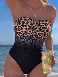 Swim Chiccia 女款純色平口抓皺連身泳衣，海灘夏季穿搭 - 彩色 - 查看 1
