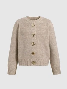 SHEIN Tween Girls Loose Casual Metal Button Round Neck Open Front Solid Beige Elegant Sweater - Apricot - View 3