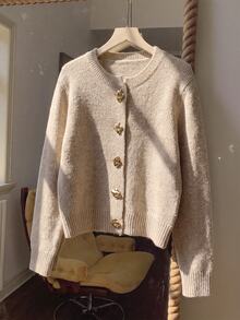 SHEIN Tween Girls Loose Casual Metal Button Round Neck Open Front Solid Beige Elegant Sweater - Apricot - View 8