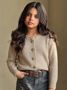 SHEIN Tween Girls Loose Casual Metal Button Round Neck Open Front Solid Beige Elegant Sweater - Apricot - View 11
