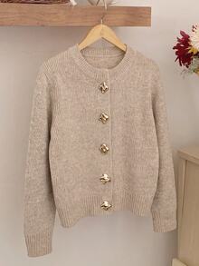 SHEIN Tween Girls Loose Casual Metal Button Round Neck Open Front Solid Beige Elegant Sweater - Apricot - View 9