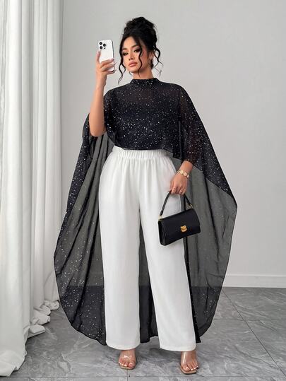 Elenzga Plus Size Halloween Black Elegant Silver Foil Shiny Chiffon Cape Top, Sheer Flowy Batwing Sleeve Outer Layer Cover-Up, Cape Cover Up For Plus Size Women, Party, Wedding, Evening Banquet Guest