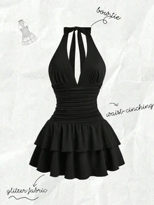 Olithes Women's Plain Halter Neck Black Mini Dress With Ruched A Line Cut And Layered Hem Perfect For Summer Night Out Sexy - Black - View 2