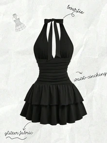 Olithes Women's Plain Halter Neck Black Mini Dress With Ruched A Line Cut And Layered Hem Perfect For Summer Night Out Sexy - Black - View 6