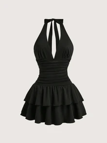 Olithes Women's Plain Halter Neck Black Mini Dress With Ruched A Line Cut And Layered Hem Perfect For Summer Night Out Sexy - Black - View 1