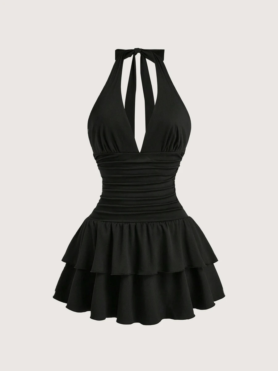Olithes Women's Plain Halter Neck Black Mini Dress With Ruched A Line Cut And Layered Hem Perfect For Summer Night Out Sexy - Black - View 1