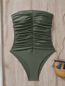 Swim Chiccia 女士纯色褶皱抹胸连体泳衣，沙滩夏季服装 - 軍綠色 - 查看 3