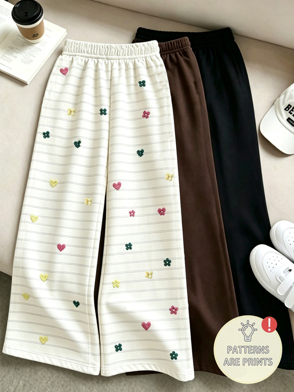 Girls' Floral Print Striped Wide Leg Pants, Soft Skin-Friendly Knit Fabric With Elastic Waistband, Colorful Small Flowers And Hearts, Exquisite And Cute, Fresh Korean Style. Multiple Colors Available, Suitable For Daily Wear, School, Easy To Match With Tops, Children's Casual Long Pants, Autumn/Winter Style, Back To School, Halloween, Christmas Bottoms