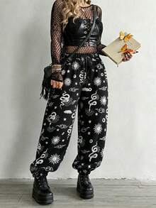 Whyspr Plus Size Dark Style Patchwork Print Loose Pants Fall - Black - View 1