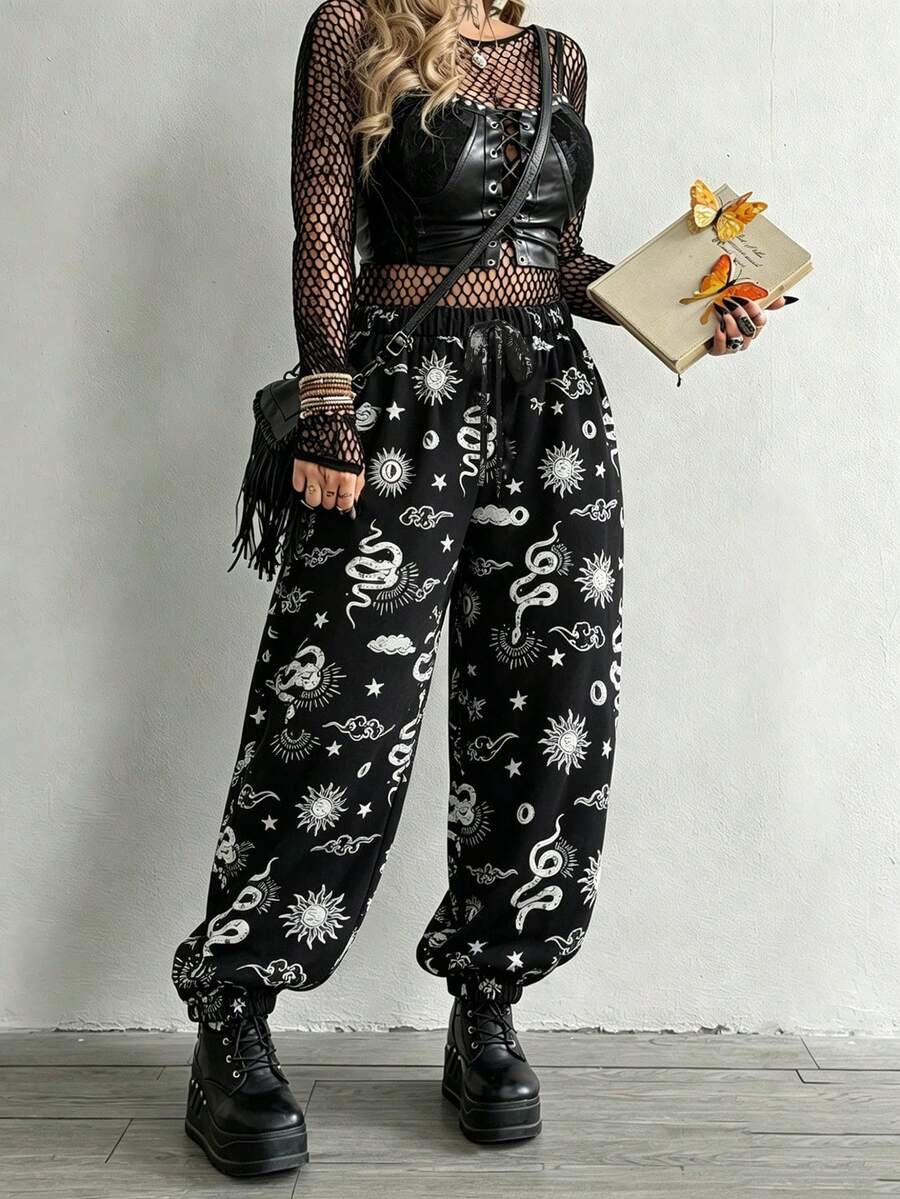 Whyspr Plus Size Dark Style Patchwork Print Loose Pants Fall - Black - View 1