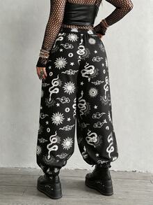 Whyspr Plus Size Dark Style Patchwork Print Loose Pants Fall - Black - View 2
