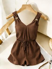 SHEIN Franclia 女款純色金屬裝飾百褶休閒日常連身褲 - 咖啡棕 - 查看 3