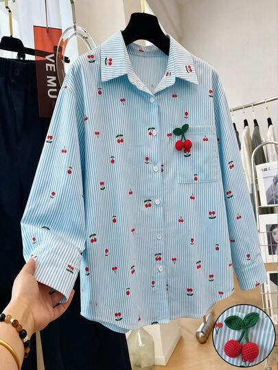 Franclia Blusa de manga larga con estampado de cerezas, estilo francés casual, lindo y elegante, para mujer talla grande, azul claro, para otoño, formal, graduación y vacaciones