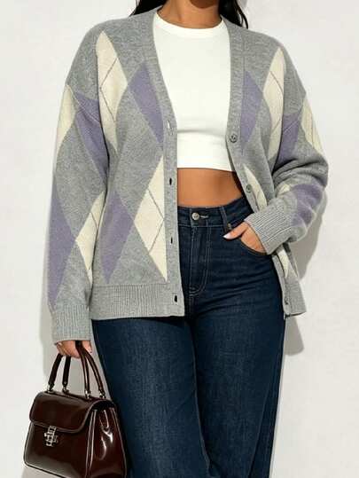 Elenzga Plus Size Women's Autumn/Winter Gray Colorblock Diamond V-Neck Fashion Versatile Cardigan, Suitable For Casual 1920s, Daily Outings Office Formal