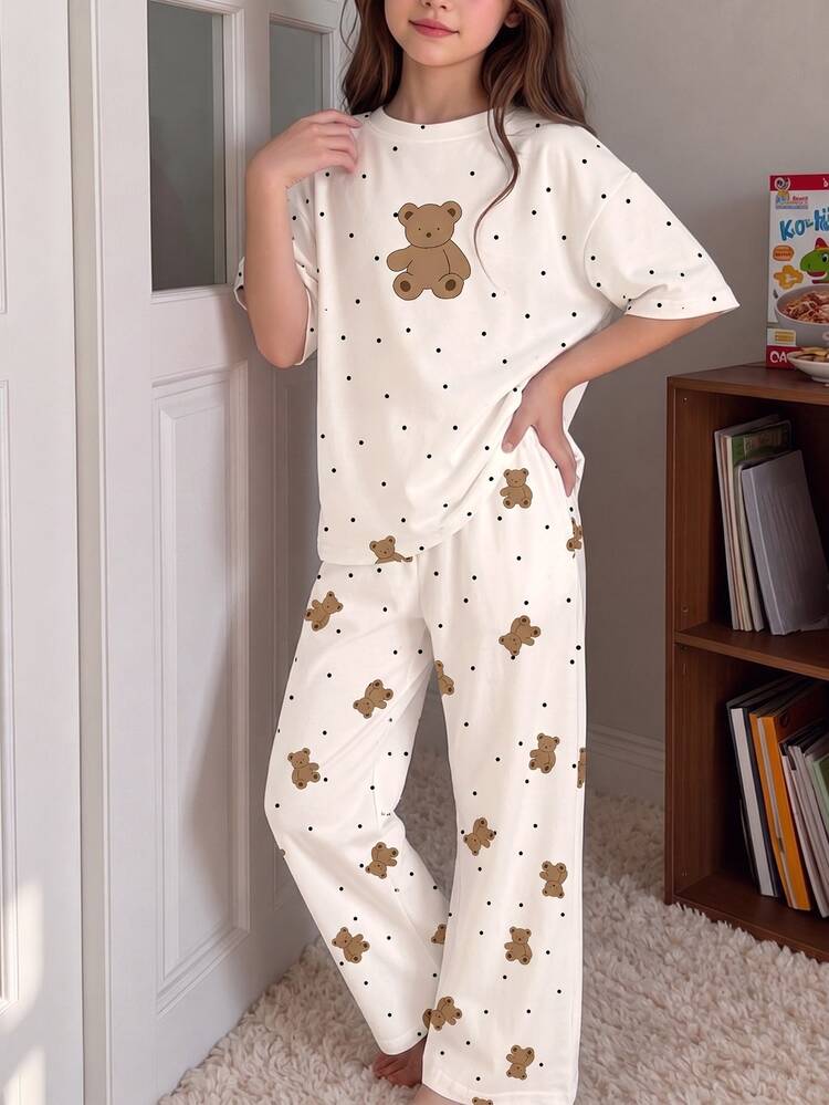 Tween Girls Casual Minimalist Retro Polka Dot Cartoon Fairy Tale Bear Pattern Short Sleeve Long Pants Brushed Ribbed Fabric Loungewear Set Pajama Set Suitable For Autumn/Winter Snug Fit, Healing Autumn, Dreamy Winter, Lazy Sweet Girl Home, Girly Style - Multicolor - View 3