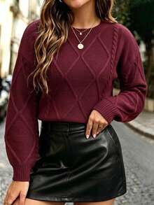 Linhara CURVE Plus Size Women's Fall Burgundy Pullover Versatile Fashion Long Sleeve Sweater Suitable For Casual Elegant Daily Outings Vacation Formal - Burgundy - View 6