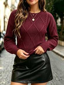Linhara CURVE Plus Size Women's Fall Burgundy Pullover Versatile Fashion Long Sleeve Sweater Suitable For Casual Elegant Daily Outings Vacation Formal - Burgundy - View 3