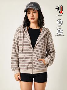 SHEIN BASICS Women's Striped Zip Up Hoodie Warm Soft Comfortable Fleece Jacket For Fall Basic Back To School Going Out - Multicolor - View 3